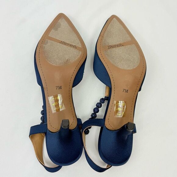 J. Renee NIMAH Navy Blue Sparkle Bead Pointed Toe T Strap Slingback Heels - Picture 14 of 16